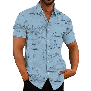 Camicia a maniche corte da uomo con stampa Coastal Sketch, motivo <span class=keywords><strong>nautico</strong></span> con barche e palme, abbottonata, per vacanze e <span class=keywords><strong>abbigliamento</strong></span> casual - Product Image 3