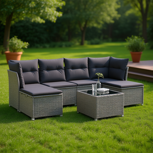 Ensemble de canapés de jardin en rotin gris avec structure en acier et éléments en verre trempé, mobilier d'extérieur - Product Image 2