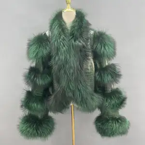 여우 모피 앞 플래켓 짧은 쁘띠 세련된 스타일 겨울 특대 여성 정품 가죽 소매 재킷