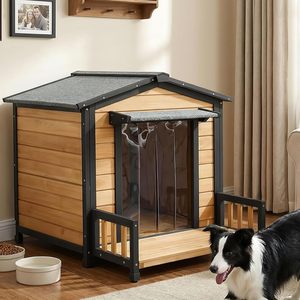 Nichoir moderne en bois pour chien avec porche extérieur, toit résistant aux intempéries, porte transparente écologique, pour chiens de taille moyenne, gris - Product Image 2