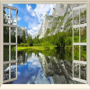 Murales 3D personalizados Ventana Clásica lago montaña naturaleza paisaje fondos sala <span class=keywords><strong>de</strong></span> estar dormitorio sofá 3D pared Mural - Product Image 1
