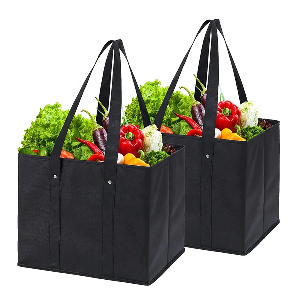 Custom Large Foldable Shopping Non Woven Box Bags Reusable Grocery Collapsible Nonwven Tote Bags With Reinforced Bottoms