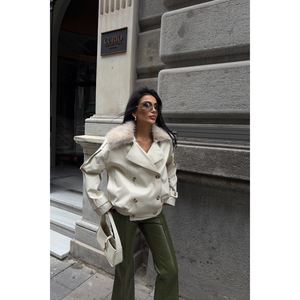 Abrigo Corto Tipo Gabardina con Cuello de Piel para Mujer, Talla S - Product Image 3