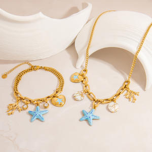 Collar de Acero Inoxidable con Baño de Oro 18K al por Mayor, Colgante de Estrella de Mar y Coral con Esmalte, Cadena para Clavícula, Diseño de <span class=keywords><strong>Verano</strong></span> con Temática Oceánica, de Moda - Product Image 1