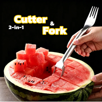 Coupe-pastèque triangulaire et ensemble de fourchettes 2-en-1 en acier inoxydable avec manche en bois, trancheuse à melon, coupe-fruits pour ustensiles de cuisine