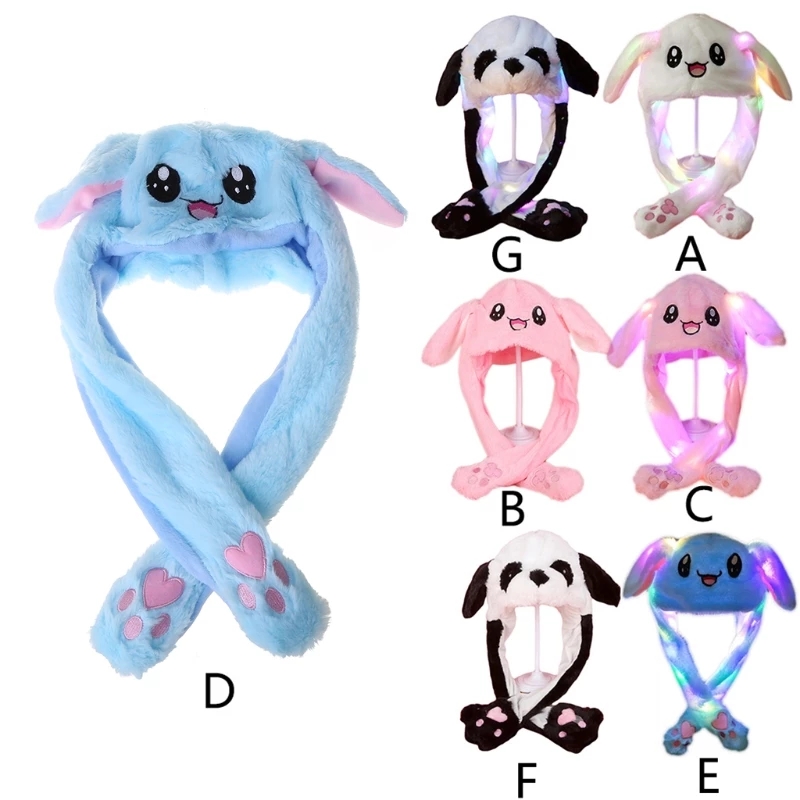 Chapeau en peluche pour enfants et adultes, chapeau avec oreilles mobiles, dessin animé, lapin, lapin, Panda, LED, capuchon de cache-oreilles lumineux, jouets en peluche