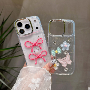 Glitter Butterfly Love Bow Mobile Phone <b>case</b> for <b>iPhone</b> 17 Air 16 15 14 Pro Max Transparent Flower Cute DIY Beads 3D back Cover - Product Image 1