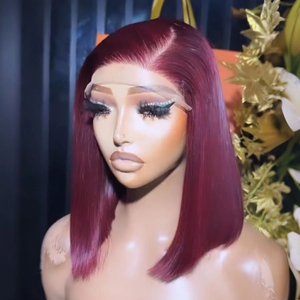 Peluca Frontal de Encaje Completo HD 13x4, Corte Bob Corto Recto, Liso Sedoso, Color Rojo Borgoña 99J, Fibra Resistente al Calor, Sin Pegamento - Product Image 1