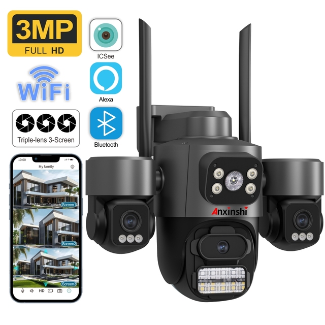 Anxinshi Wifi Security Camera With Three Screen Ai Human Detection Wireless PTZ Camera Souds Audio Alarm