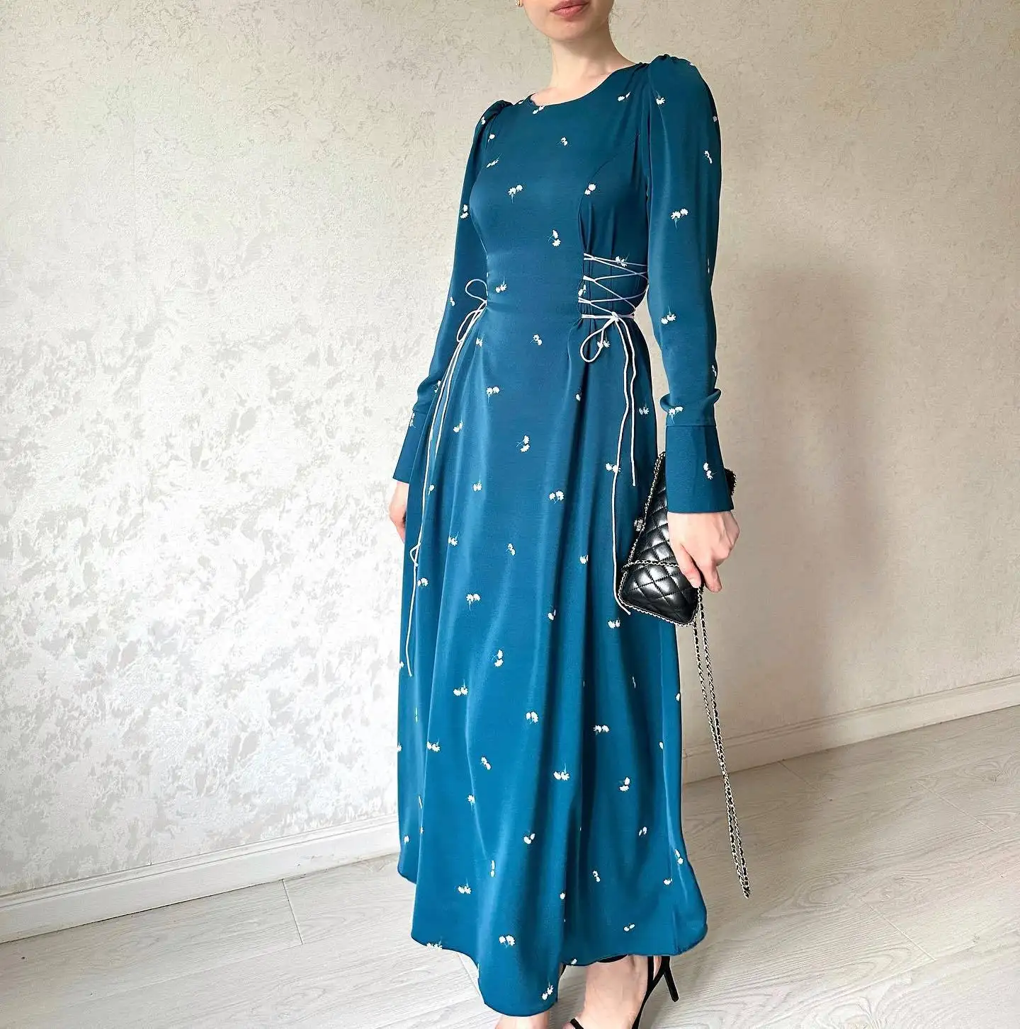 Newest Middle East Muslim Women's 2024 Autumn Spring Long Skirt Celebrity Floral Printing Style Long Waist Dress S-2Xl