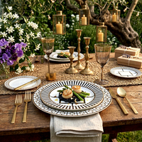 Service de vaisselle en céramique Art Déco de luxe, noir et blanc, géométrique, bord doré, assiettes en porcelaine pour hôtel, mariage, restaurant, vente en gros