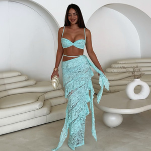 Women's Lace Midi <b>Skirt</b> Solid Color Irregular Hem Breathable Micro <b>Elasticity</b> Summer Fashion Set - Product Image 1