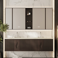 Meuble-lavabo moderne en bois massif à double vasque avec armoire miroir intelligente, vasque en pierre murale et grands tiroirs