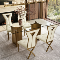 Table à manger rectangulaire moderne avec plateau en verre trempé, pieds en métal incurvé doré, table à manger minimaliste pour la salle à manger à domicile