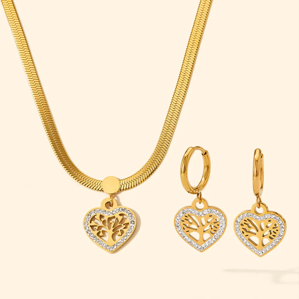Personality Fashion Pvd Gold Plated Stainless Steel Tree Of Life Heart Pendant Snake Chain Necklace Jewelry