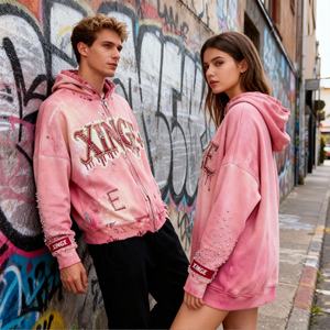 Sudadera con capucha unisex personalizada 2026, nueva, estilo vintage, tie-dye, desgastada, holgada, streetwear, de gran gramaje 500 g/m², corta, con cremallera y pedrería - Product Image 3