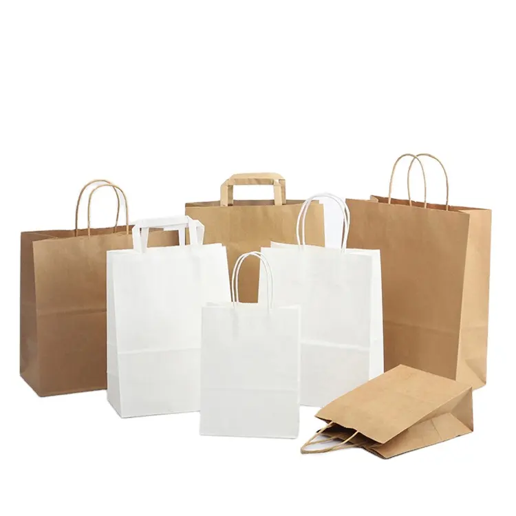 Custom Printed Your Own Logo Cardboard Packaging White Brown Kraft Gift Craft Shopping Paper Bag With Handles