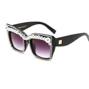 Stone pearls bold cateye square sunglasses rhinestone sun glasses