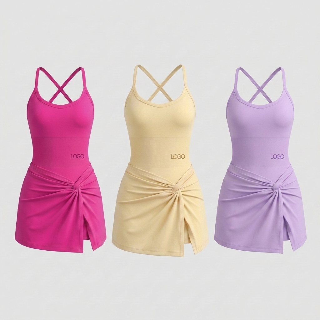 OEM Custom Log Dress for Women 2026 Twisted Knot Slit Design Built-in Shorts Cross Back High Elastic Athletic Workout Dress