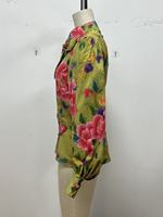 Kemeja Kasual Vintage Wanita Musim Gugur Warna Hijau Zaitun Motif Bunga Peony Besar dengan Dasi Kupu-kupu, Lengan Panjang, Kancing Satu Baris
