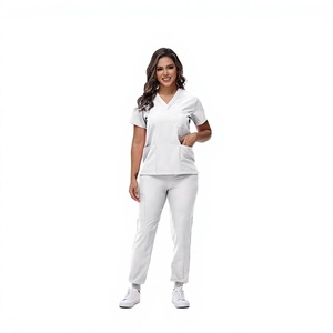 OEM Custom Medical Uniforms Set <b>White</b> Women V Neck Hospital Scrub Top <b>Jogger</b> Pants Set High Quality Nurse Uniform Sets - Product Image 1