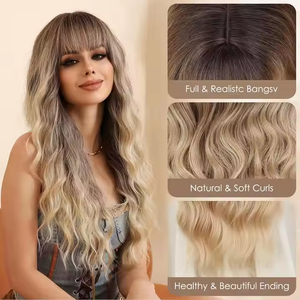 Perruques longues blondes avec <span class=keywords><strong>frange</strong></span> <span class=keywords><strong>cheveux</strong></span> bouclés ondulés pour les femmes sans enchevêtrement doux aspect naturel utilisation quotidienne de fête - Product Image 5