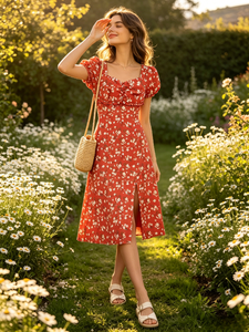 Nuevo <span class=keywords><strong>Vestido</strong></span> Floral Rojo de Verano 2026 con Estampado Pequeño, Cuello Cuadrado, <span class=keywords><strong>Manga</strong></span> Corta <span class=keywords><strong>Abullonada</strong></span>, Abertura Frontal y Dobladillo con Volantes para Mujer - Product Image 3