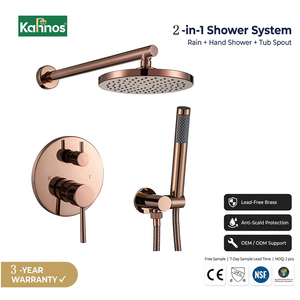 Sistema de ducha oculto de oro rosa, montado en la pared, con cabezal de lluvia, termostático, monomando, panel indicador de temperatura y rociador de mano - Product Image 1