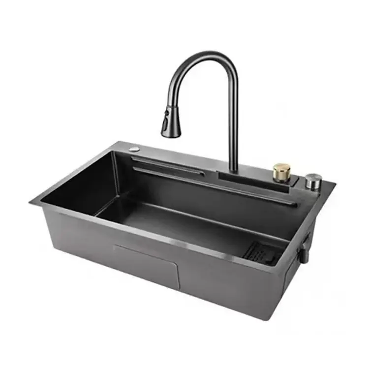 Stainless Steel Workstation Topmount Kitchen Sinks With Integrated Ledge and flying rainfall faucet