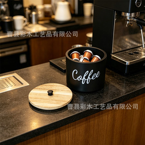 กล่องเก็บกาแฟไม้พร้อมฝาปิด เส้นผ่านศูนย์กลาง 18 ซม. ลายตัวอักษรสีดำ ออแกไนเซอร์ตั้งโต๊ะสำหรับใส่กาแฟและชา - Product Image 2