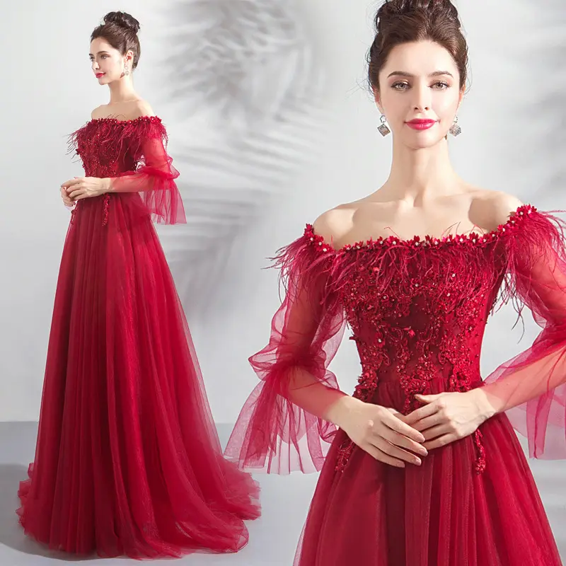 Red Off-The-Shoulder Fashion Newest Evening Dress Long Sleeve Tassel Embroidered Sequins Fashion Newest Evening Dress