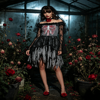 Costume de mariée zombie squelette sanglant pour femme, ensemble de déguisement d'Halloween avec voile