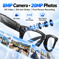 Lunettes intelligentes avec caméra 8MP, photos 20MP, vidéo HD Wi-Fi, reconnaissance d'objets par IA, anti-tremblement EIS, IP66, 37g, assistant vocal