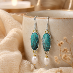 Eleganti Orecchini Pendenti con Pietra Verde Oceano e Perle, Orecchini Creativi a Goccia per Donne - Product Image 6