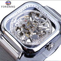 Montres pour hommes Forsining, montre automatique mécanique bleue océan, montre habillée carrée squelette, bracelet en acier maille, horloge Relogio