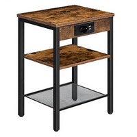 Table de chevet réglable en hauteur en bois massif, 3 niveaux d'étagères, ports de charge USB pour les espaces étroits, salons - Brun rustique