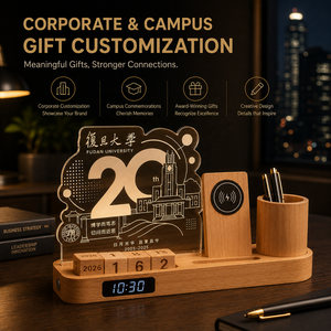Set Regalo Aziendale e Scolastico Personalizzabile: Orologio Analogico in Acrilico Artigianale con Luce Notturna, Portapenne, Base in Legno Duro, Ricaricabile e Interruttore Touch - Product Image 1