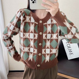 Cárdigan Grueso de Punto con Botones y Diseño de Rombo en Contraste de Color, Estilo Vintage, Elegante y a la Moda para <span class=keywords><strong>Mujer</strong></span>, Suéter de Cuello Alto para Otoño e Invierno - Product Image 5