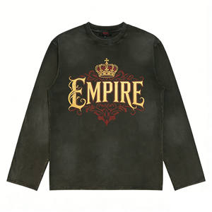 <span class=keywords><strong>T</strong></span>-shirt à manches longues gris foncé délavé vintage de style américain, imprimé lettres couronne, coupe ample et col rond - Product Image 2