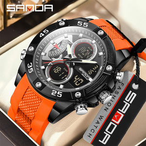 SANDA 5104 nueva esfera grande doble pantalla multifuncional al aire libre correa de silicona deportes impermeable reloj de cuarzo electrónico para hombres - Product Image 1