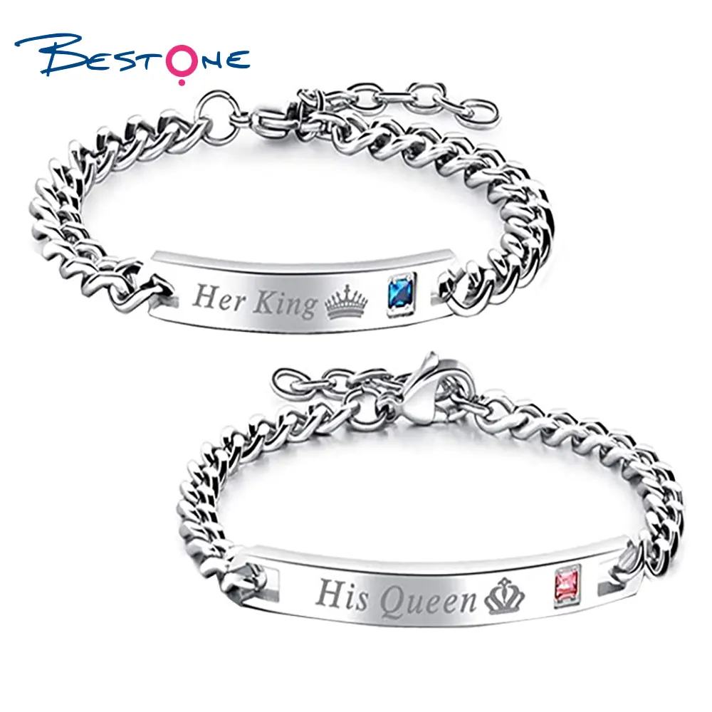 Bestone Stainless Steel Link Chain Her King His Queen Couple Bracelets Stainless Steel Bracelets For Women Men