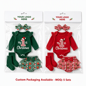 Vestito Natalizio per Neonata 0-18 <span class=keywords><strong>Mesi</strong></span>, Set <span class=keywords><strong>4</strong></span> Pezzi: Body a Maniche Lunghe, Pantaloncini con Volant, Fascia con Fiocco, Calzini - Regalo per le Feste - Product Image 6
