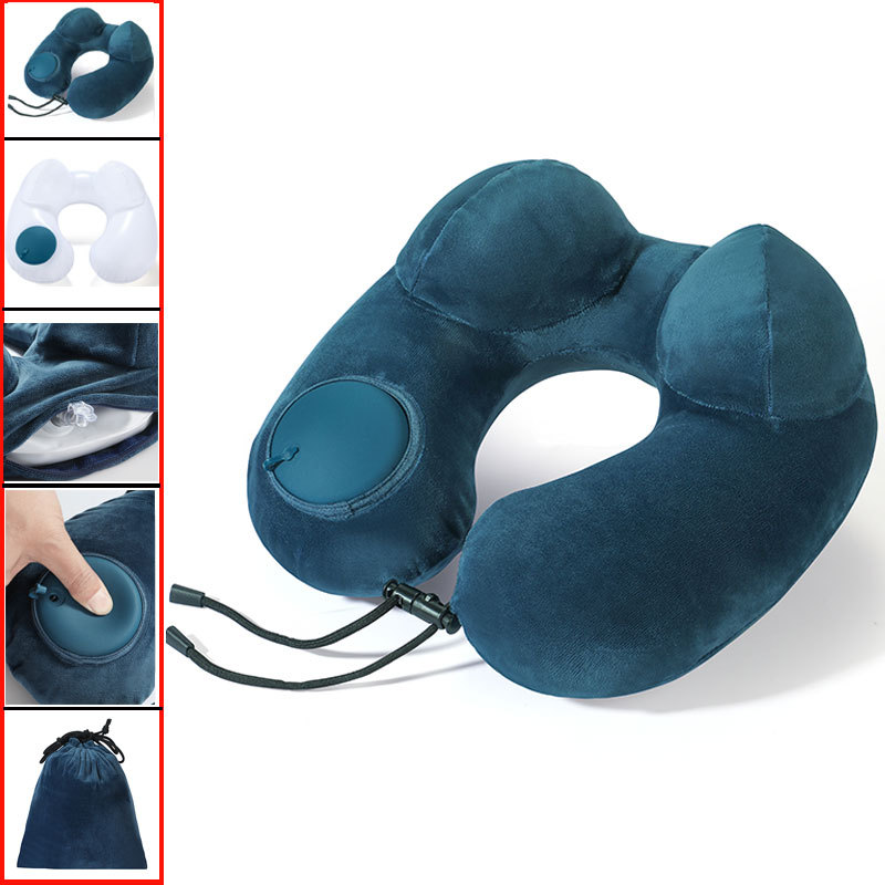 Azul Lago - Almohada Inflable en Forma de U con Joroba de Camello y Bolsa de Almacenamiento