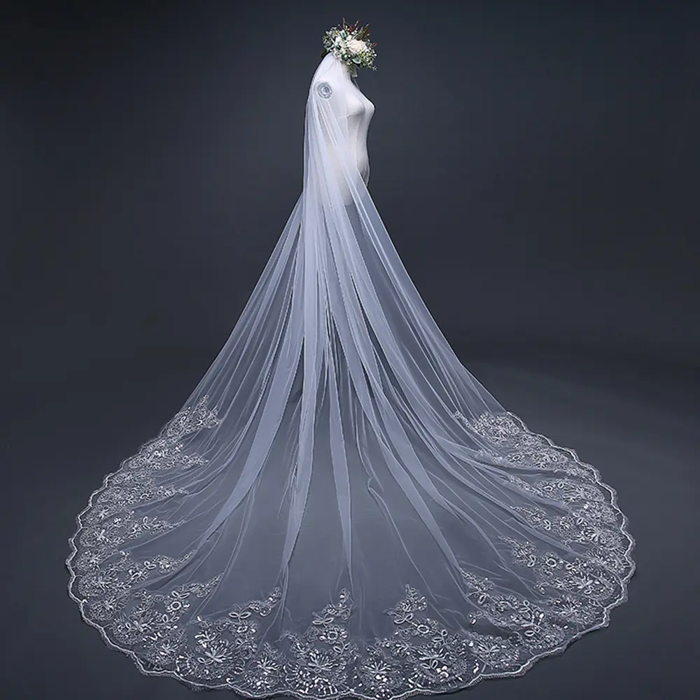 Wholesale hot sale lace veil 3m long trailing for wedding dress veil accessory