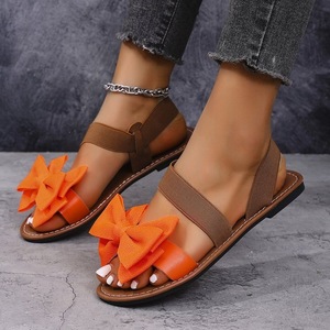 Women Plus Size Flat <b>Sandals</b> Bow Decor <b>Elastic</b> Ankle Strap Lightweight Summer Casual Beach Footwear - Product Image 5