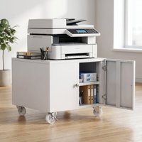 Support d'imprimante mobile blanc avec armoire de rangement, 2 portes sur roulettes, chariot d'imprimante verrouillable pour le bureau, la maison, les fournitures de papier et de dossiers