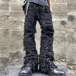 IGH EEiigh treet mumificed Denim jeans Fringe solid color Pantalones Hombre