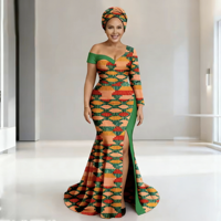 Robe de mariée traditionnelle africaine Dashiki pour femme, fendue, longueur ras du sol, grande taille, en coton, coupe ajustée, assortie à un turban 2525194