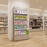 Étagère murale pour cosmétiques, cadre en acier thermolaqué, système d'affichage mural en grille métallique pour les magasins de beauté et de cosmétiques