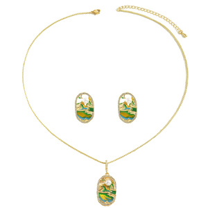 Ensemble élégant de collier et boucles d'oreilles, design montagne verte et rivière, diamant, perle, alliage de zinc, bijoux pour le bureau et la carrière - Product Image 5